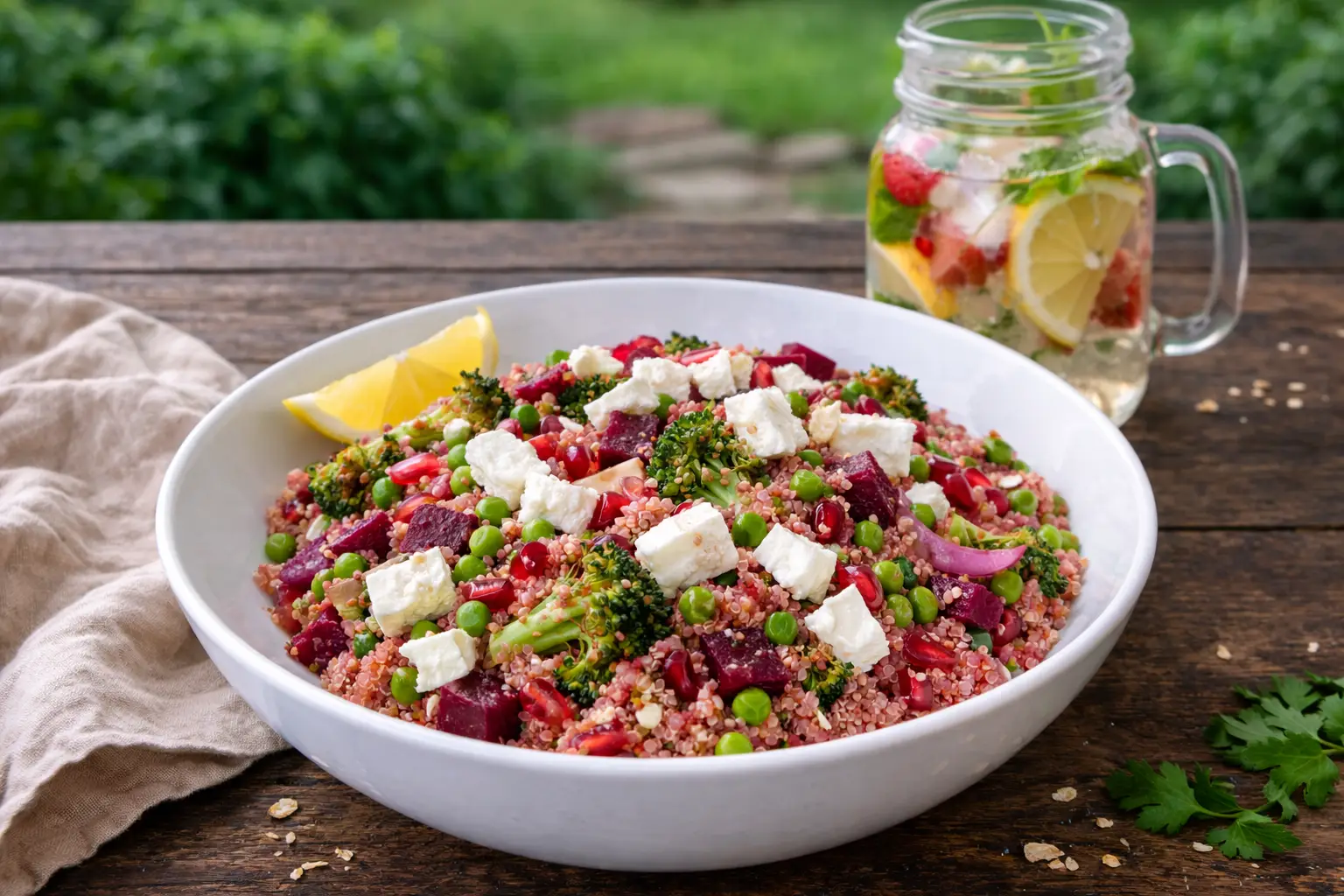Colourful Quinoa Salad with Broccoli, Beetroot, and Balkan Cheese