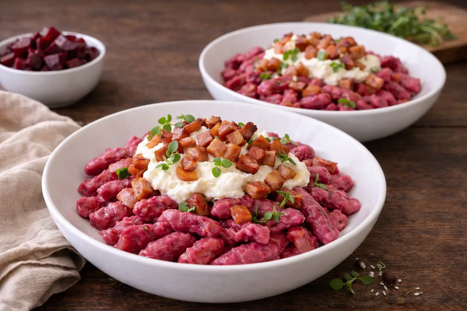 Pink Power Dumplings: Healthy Beetroot Potato Dumplings with Creamy Goat's Cheese & Turkey Lardons