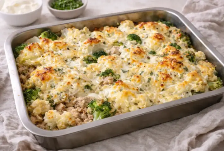 Protein-packed Baked Turkey with Broccoli, Cauliflower & Cheesy Goodness