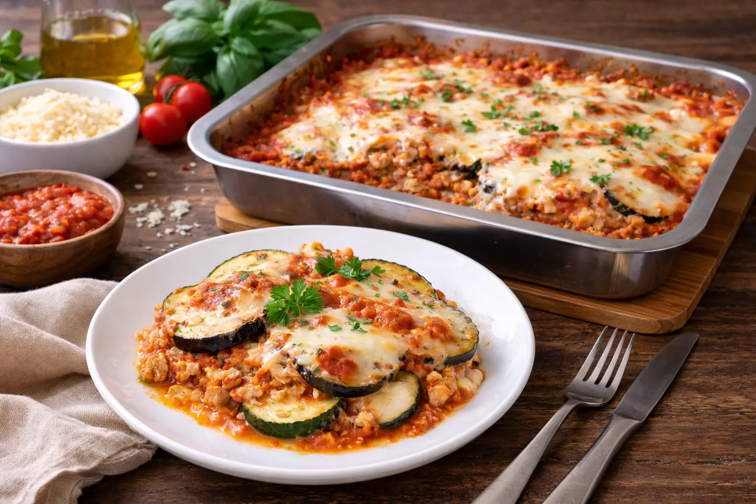 Aubergine and Courgette Bake with Minced Turkey and Herbs