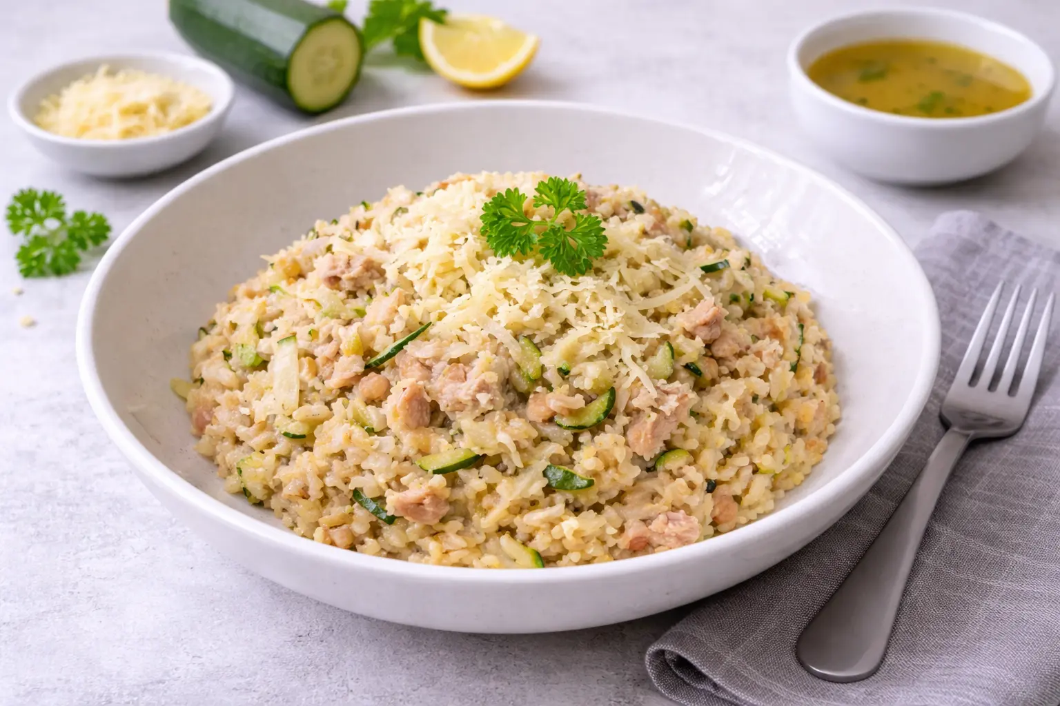 Healthy Wholegrain Rice Risotto with Courgette, Red Lentils & Tuna