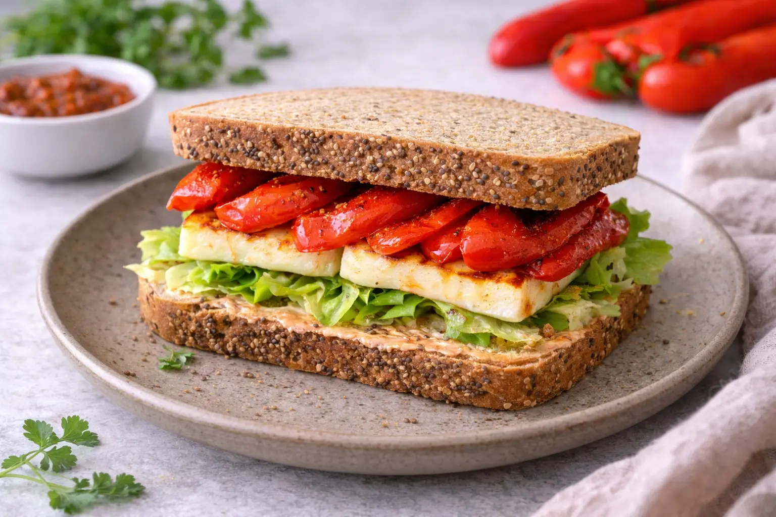 Quick Halloumi Sandwich with Roasted Peppers