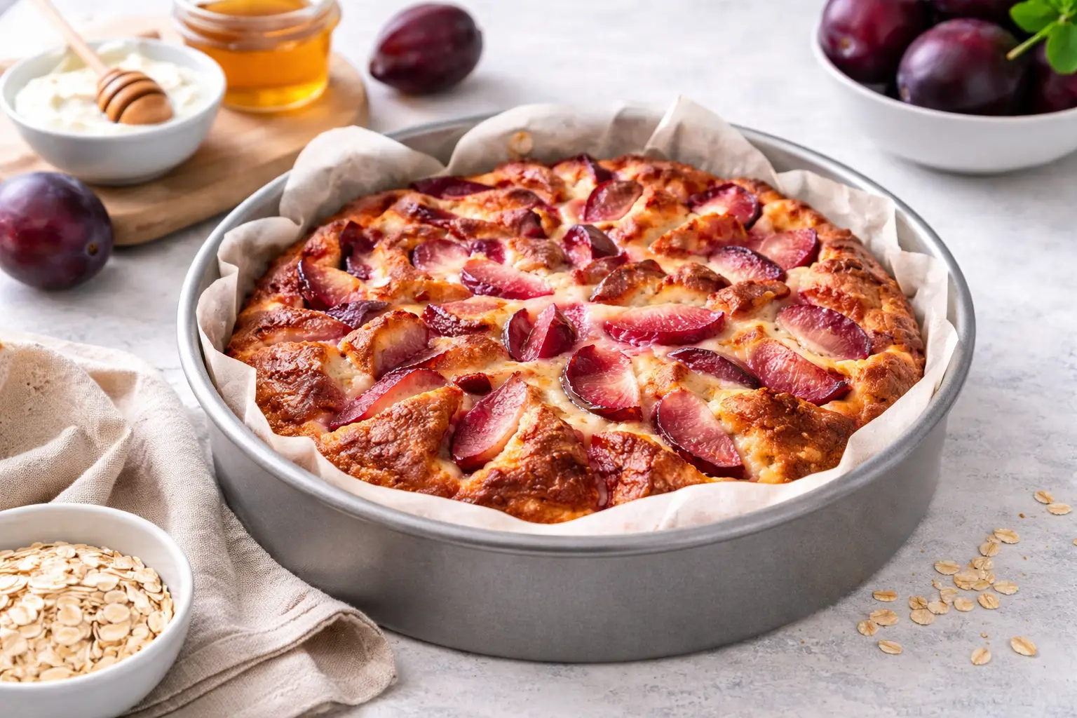 Vanilla Plum Power Cake: Healthy Protein Dessert with Oats & Yoghurt