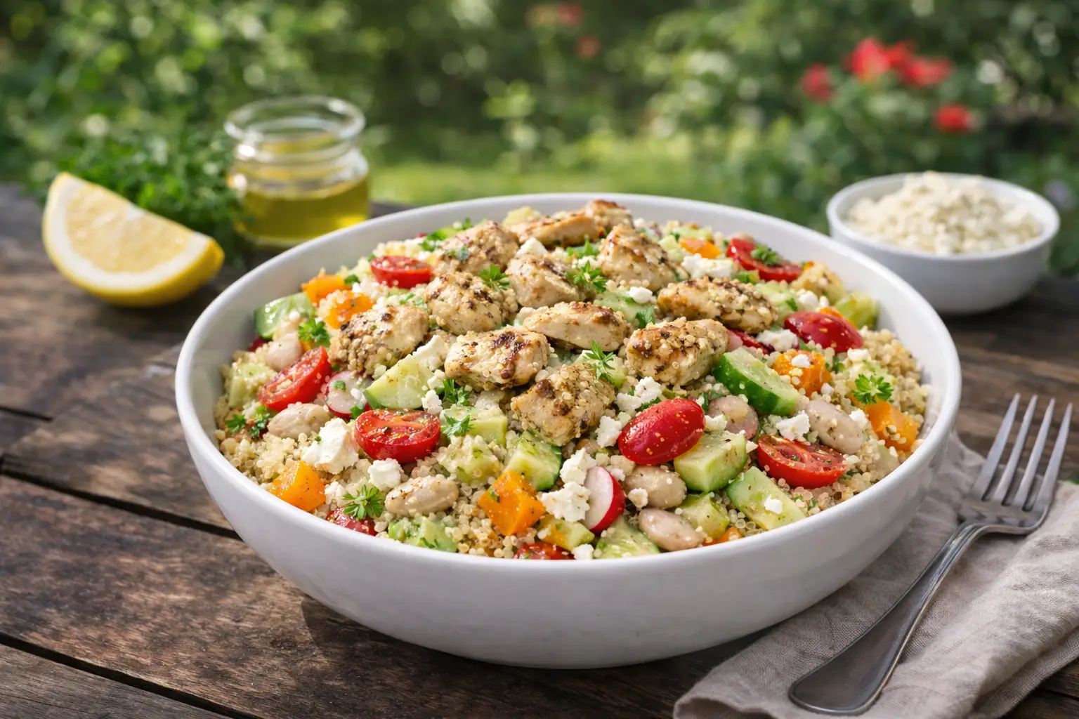 Easy Greek-style Salad with Chicken, Quinoa, and Cannellini Beans