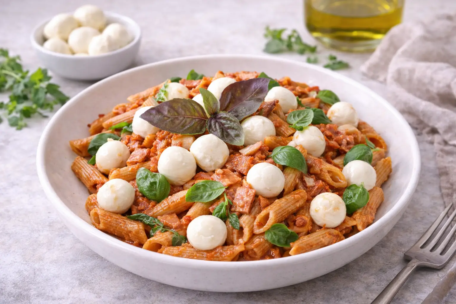 Wholegrain Penne with Bocconcini, Smoked Ham & Tomato Purée