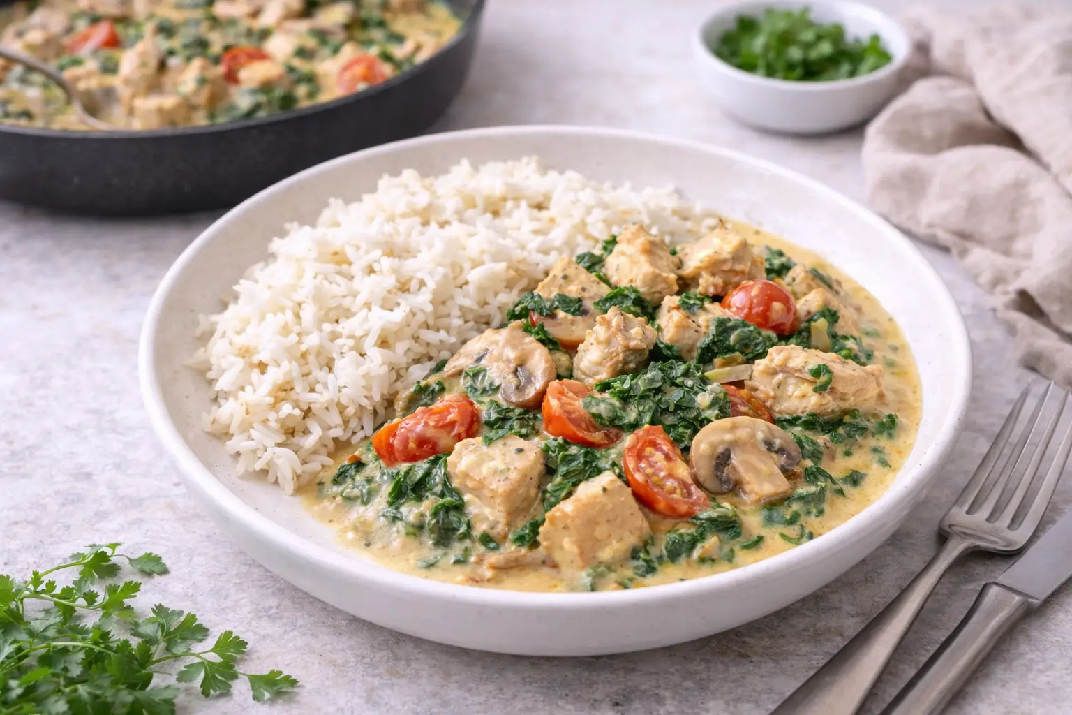 One-pot Creamy Chicken Bowl with Spinach & Mushrooms