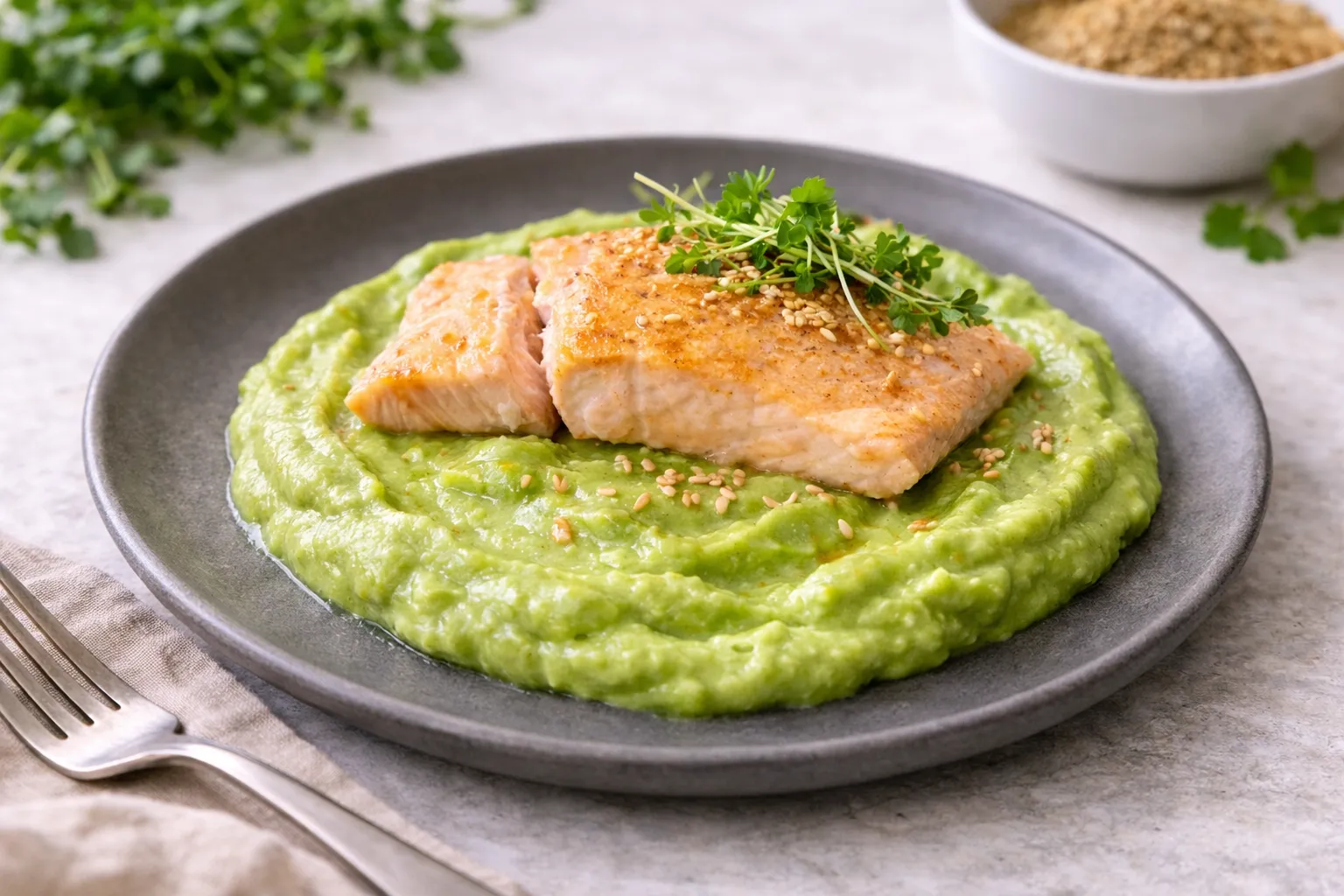 Fresh Salmon with Creamy Green Pea Mash: Healthy & Delicious Dinner