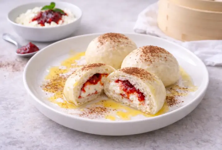 Steamed Buns with Curd Cheese & Strawberry Jam