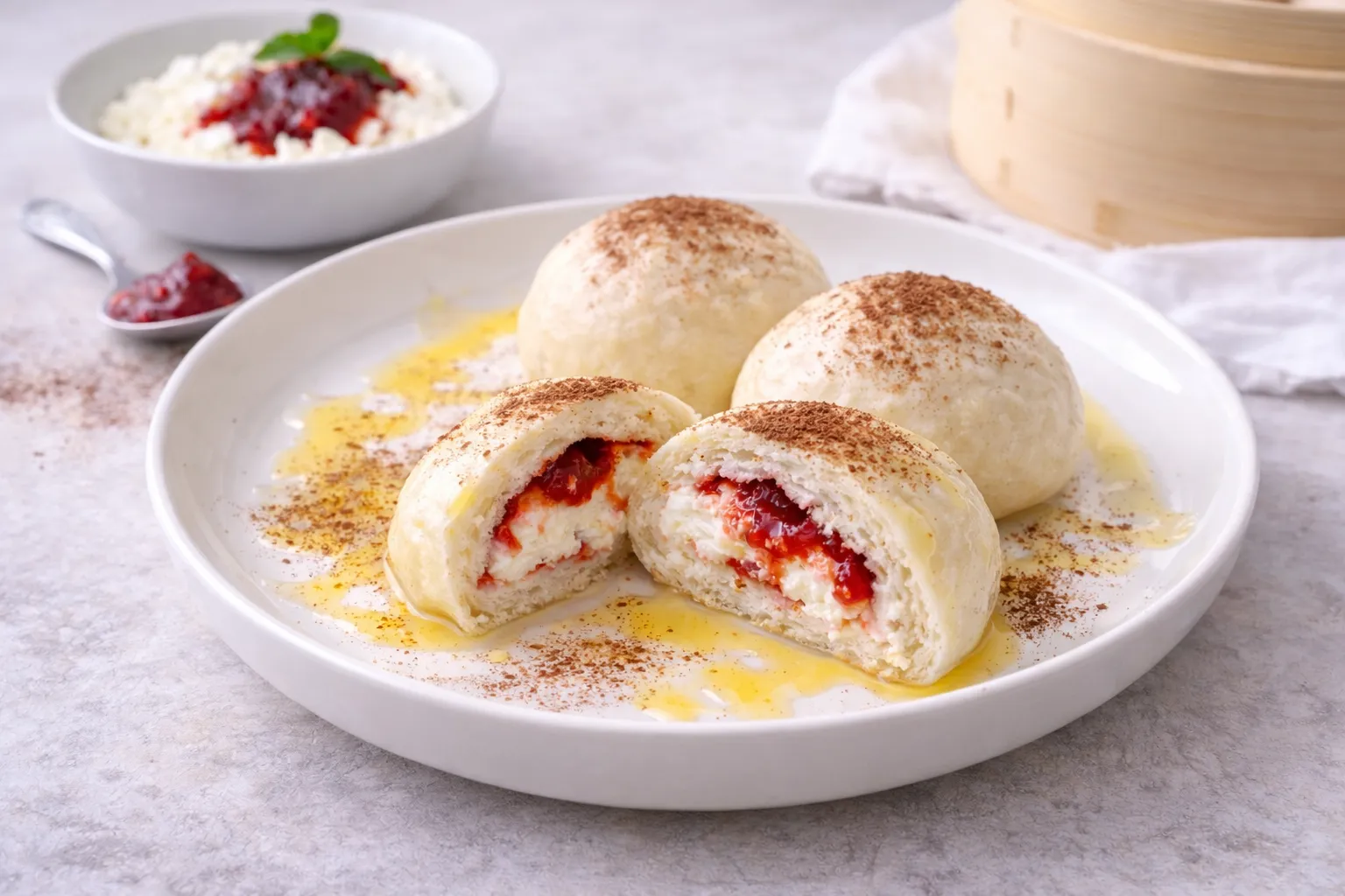Steamed Buns with Curd Cheese & Strawberry Jam