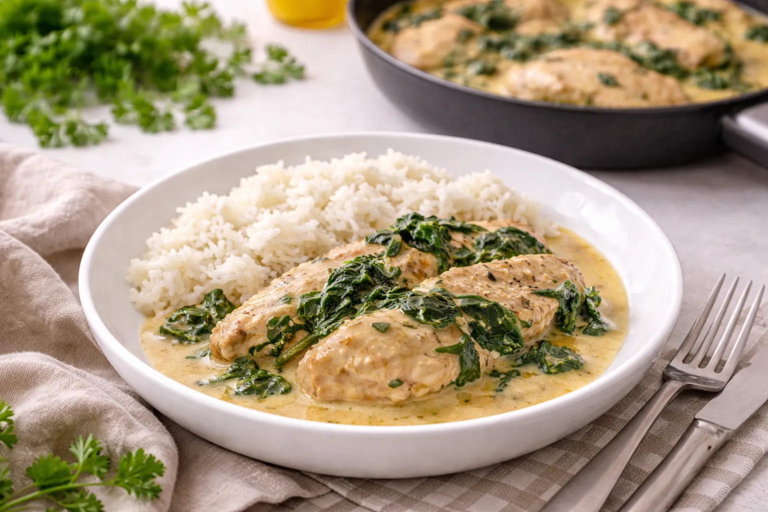 Healthy Creamy Chicken with Spinach & Basmati Rice
