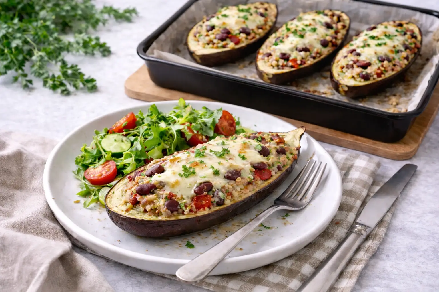 Baked Aubergine with Rice and Kidney Beans: Easy Healthy Recipe
