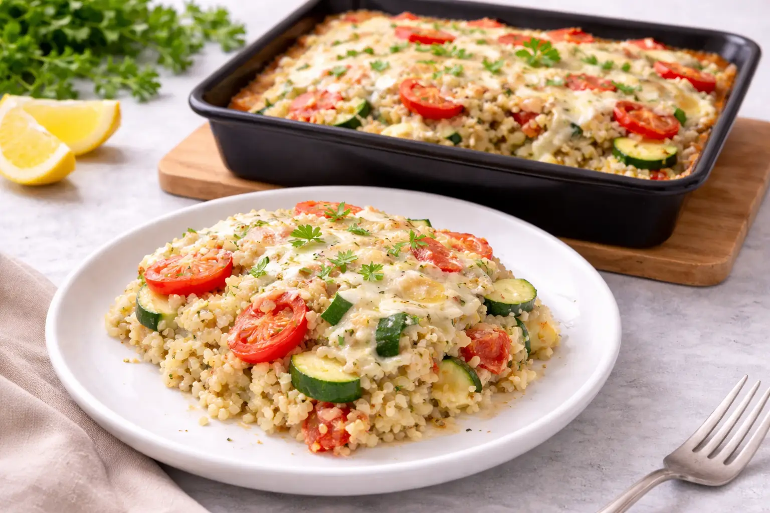 Oven-baked Bulgur with Courgette, Tomato & Cheese