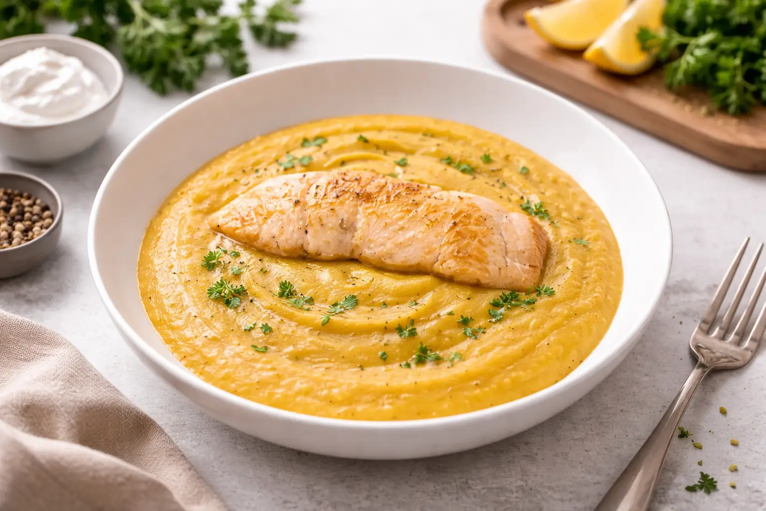 Pan-seared Salmon on Creamy Lentil & Sweet Potato Mash