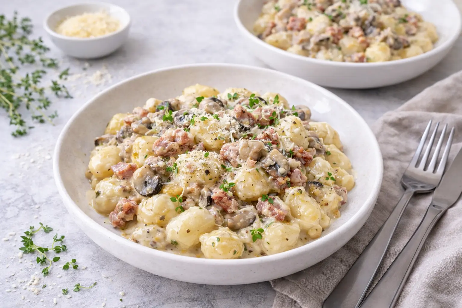 Creamy Gnocchi with Turkey Lardons and Mushrooms