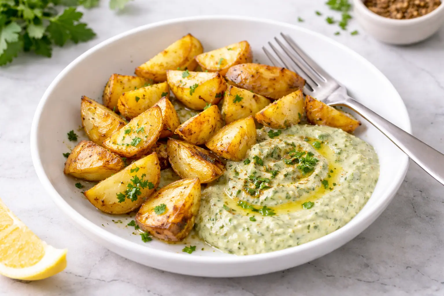 Roasted Potatoes with Herb Pesto and Yoghurt Dip