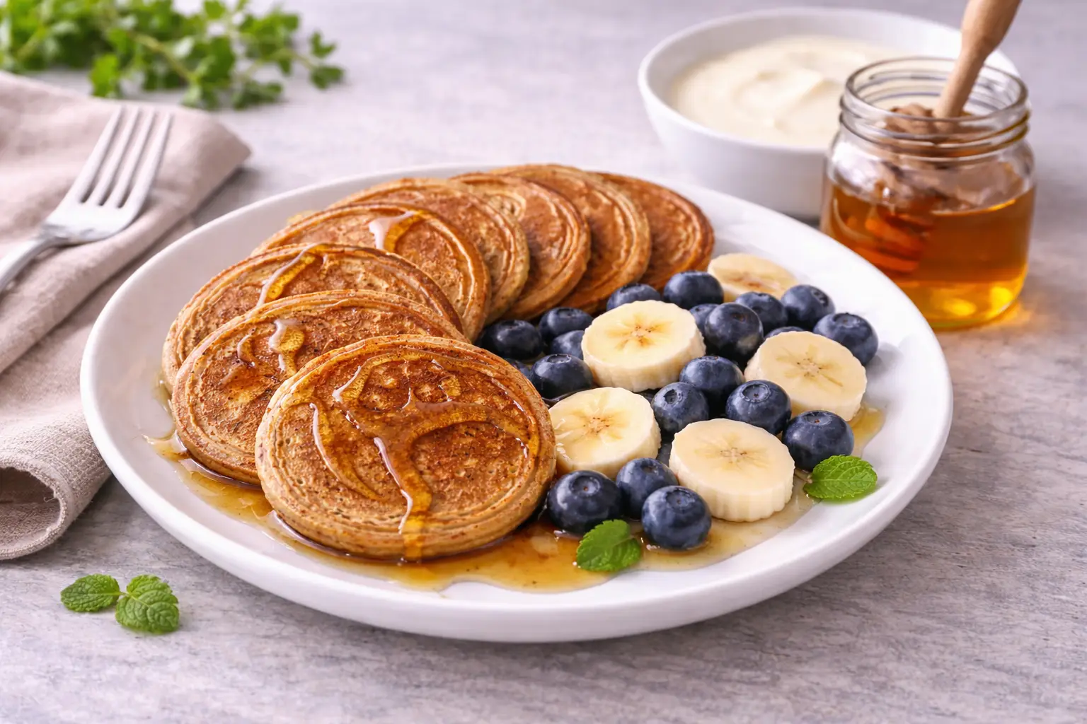 Healthy Spelt Protein Pancakes with Yoghurt & Fruit