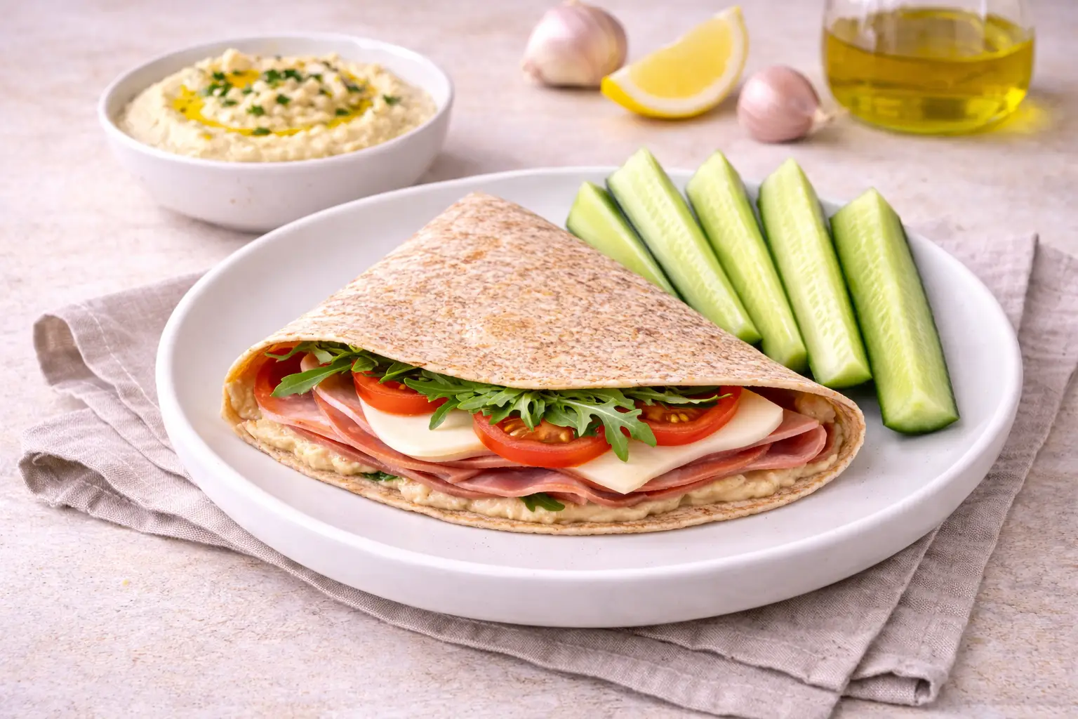 Quick Wholemeal Tortilla with Black Forest Ham, Mozzarella & Homemade Houmous
