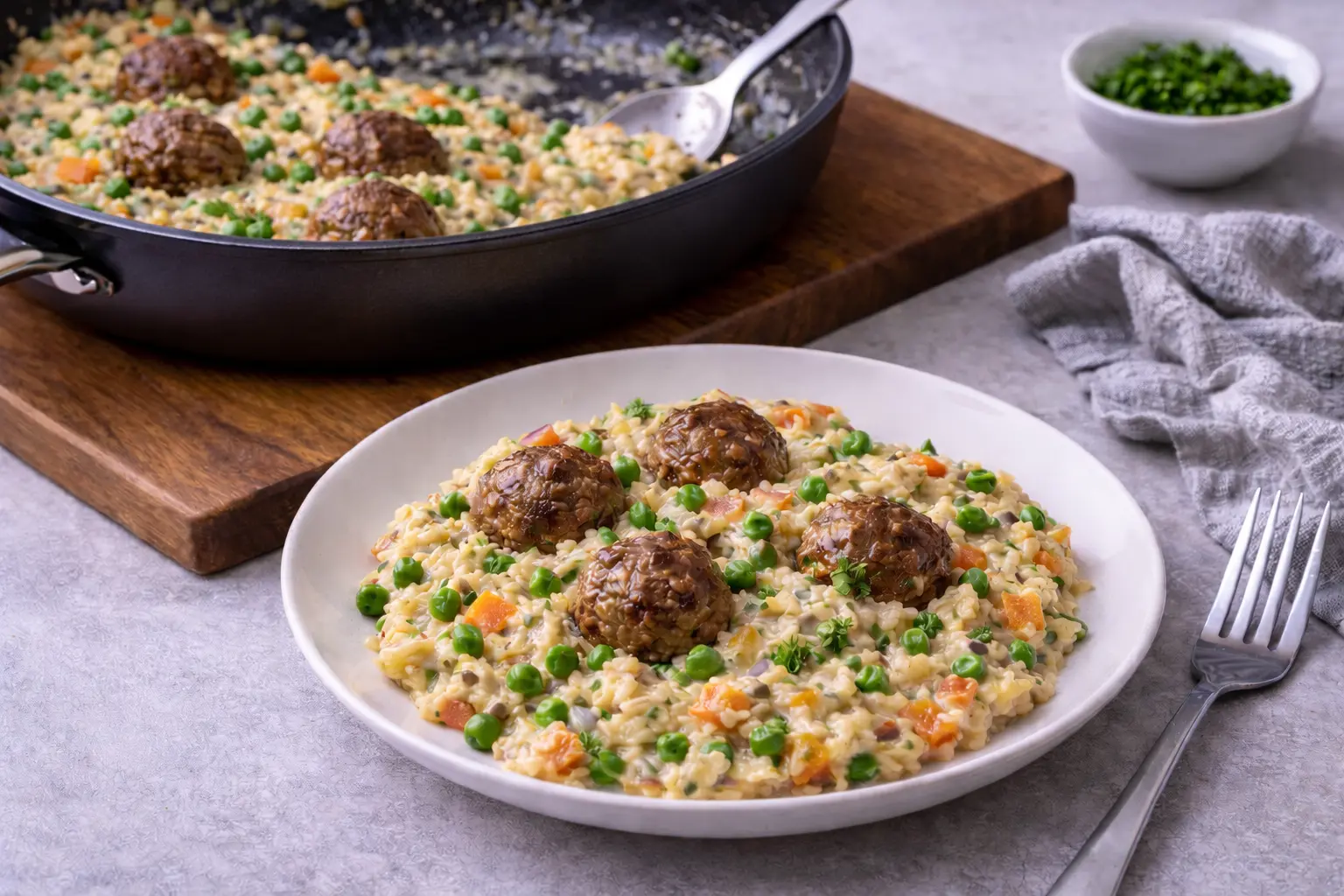 One-pan Creamy Risotto with Veggies and Meatballs