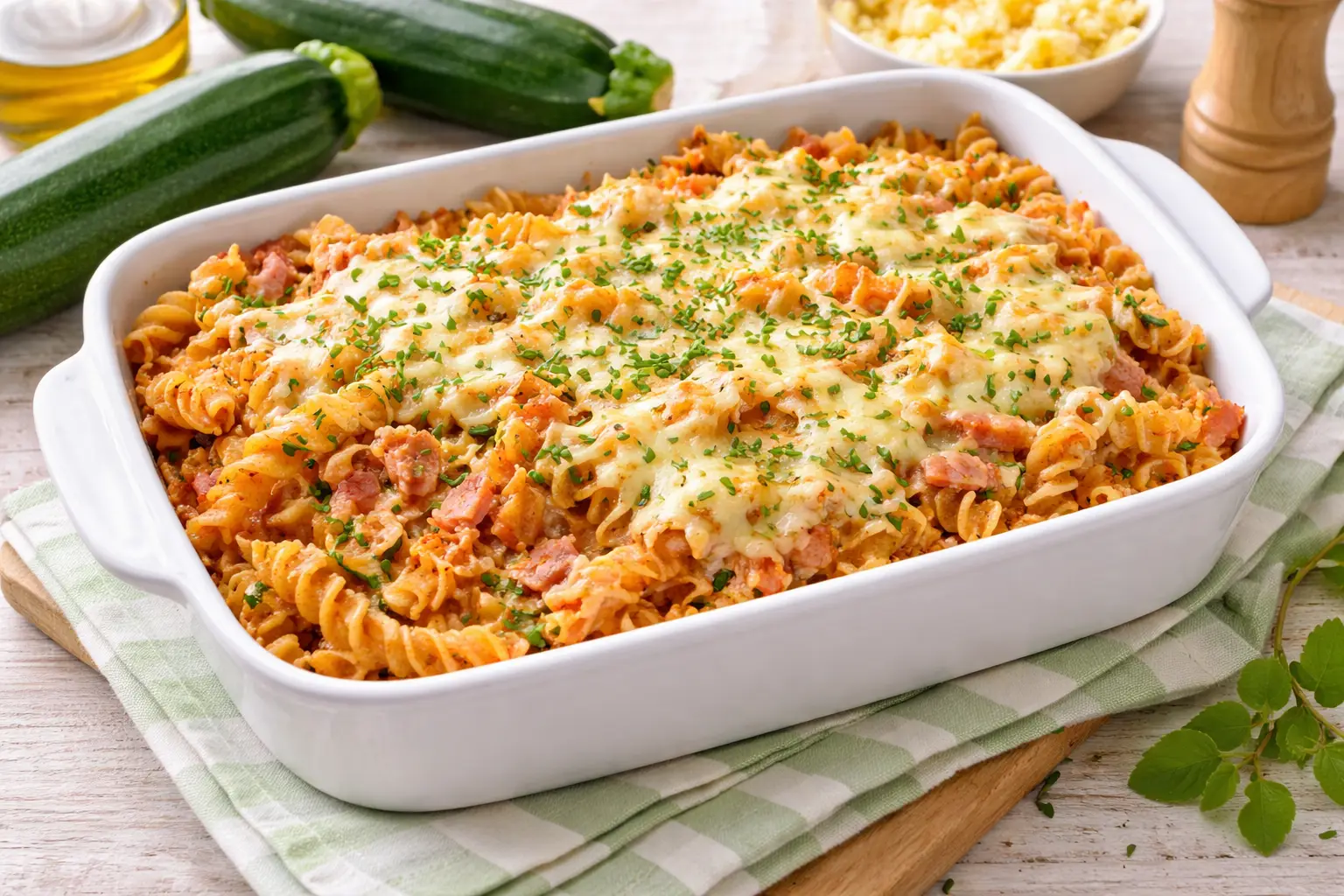 Light Courgette and Ham Pasta Bake with Gouda Topping