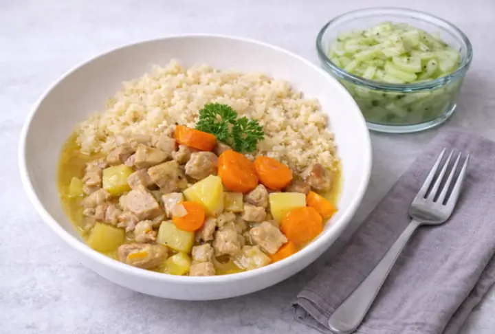 Light Pork Curry with Couscous and Cucumber Salad