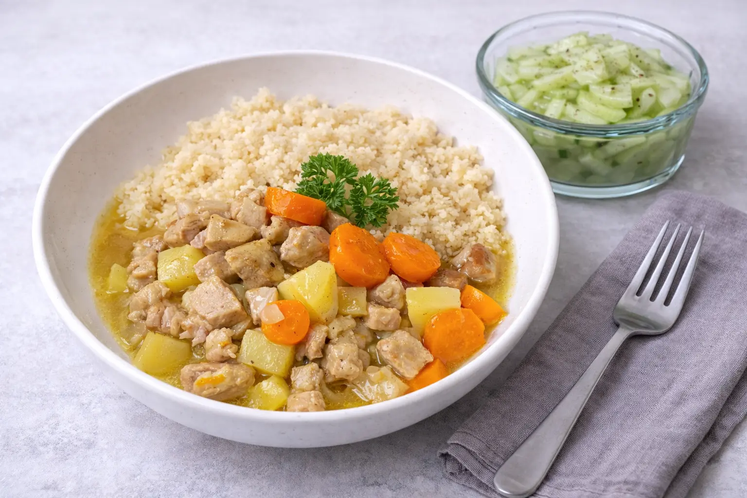 Light Pork Curry with Couscous and Cucumber Salad