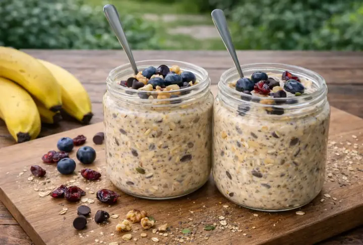 Gluten-free Overnight Oats with Banana, Peanut Butter & Seeds: Healthy Breakfast