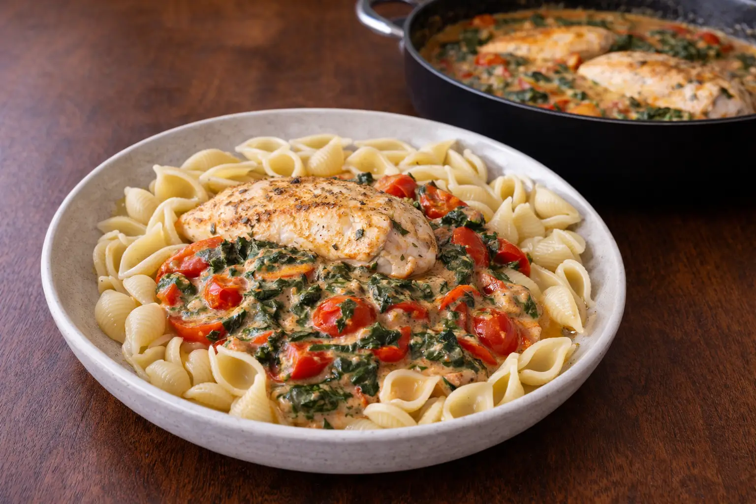 Cherry Tomato Chicken with Creamy Spinach Sauce and Pasta Shells