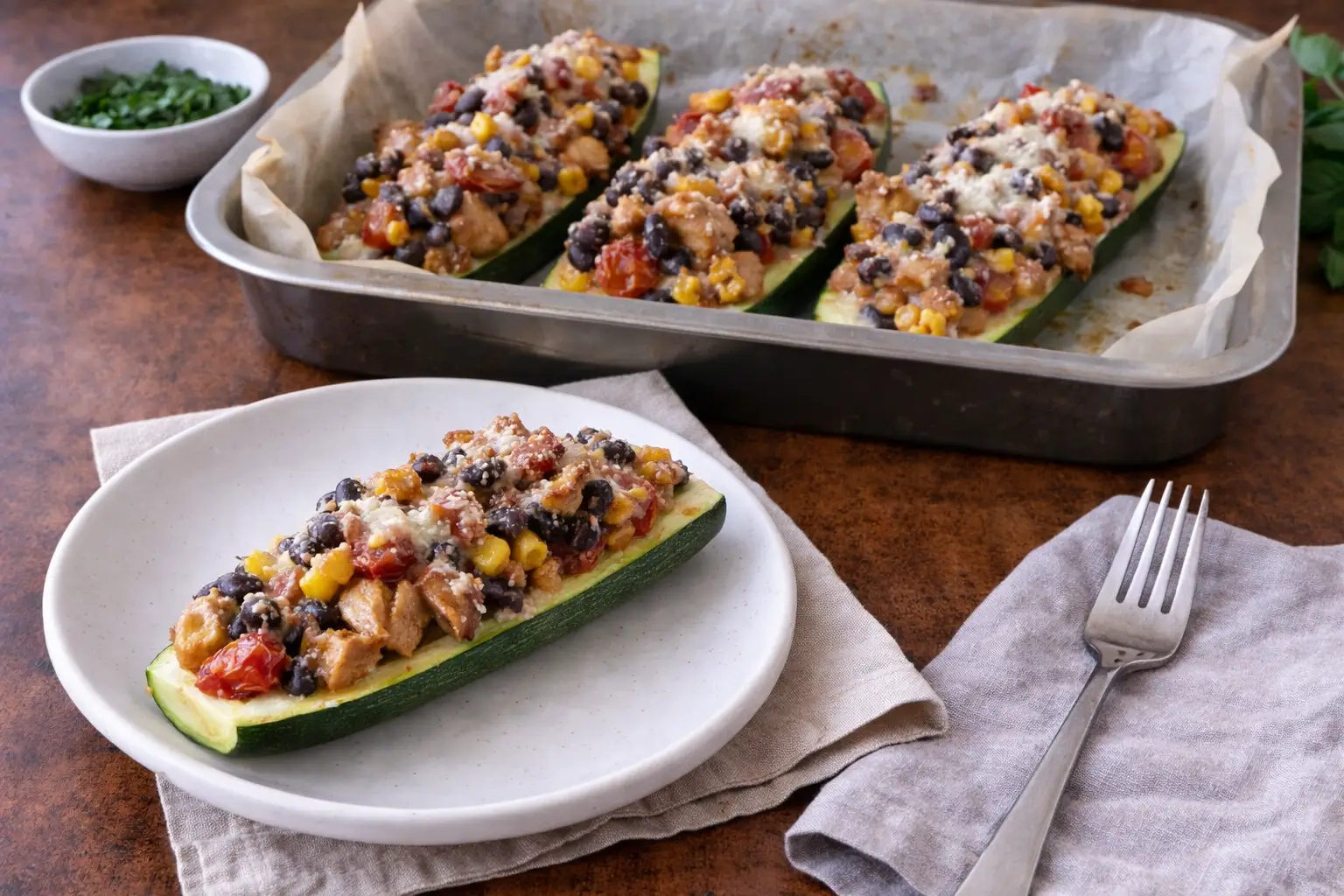 High-protein Baked Courgette Boats with Chicken, Beans & Sweetcorn
