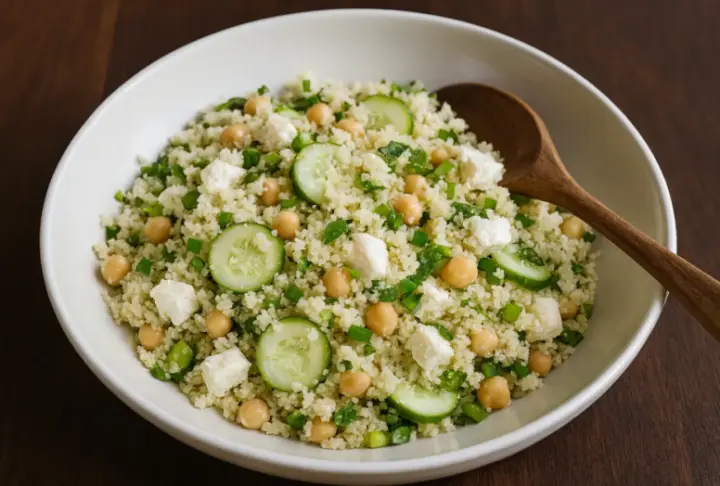 Fresh Couscous Salad with Chickpeas, Cucumber & Feta