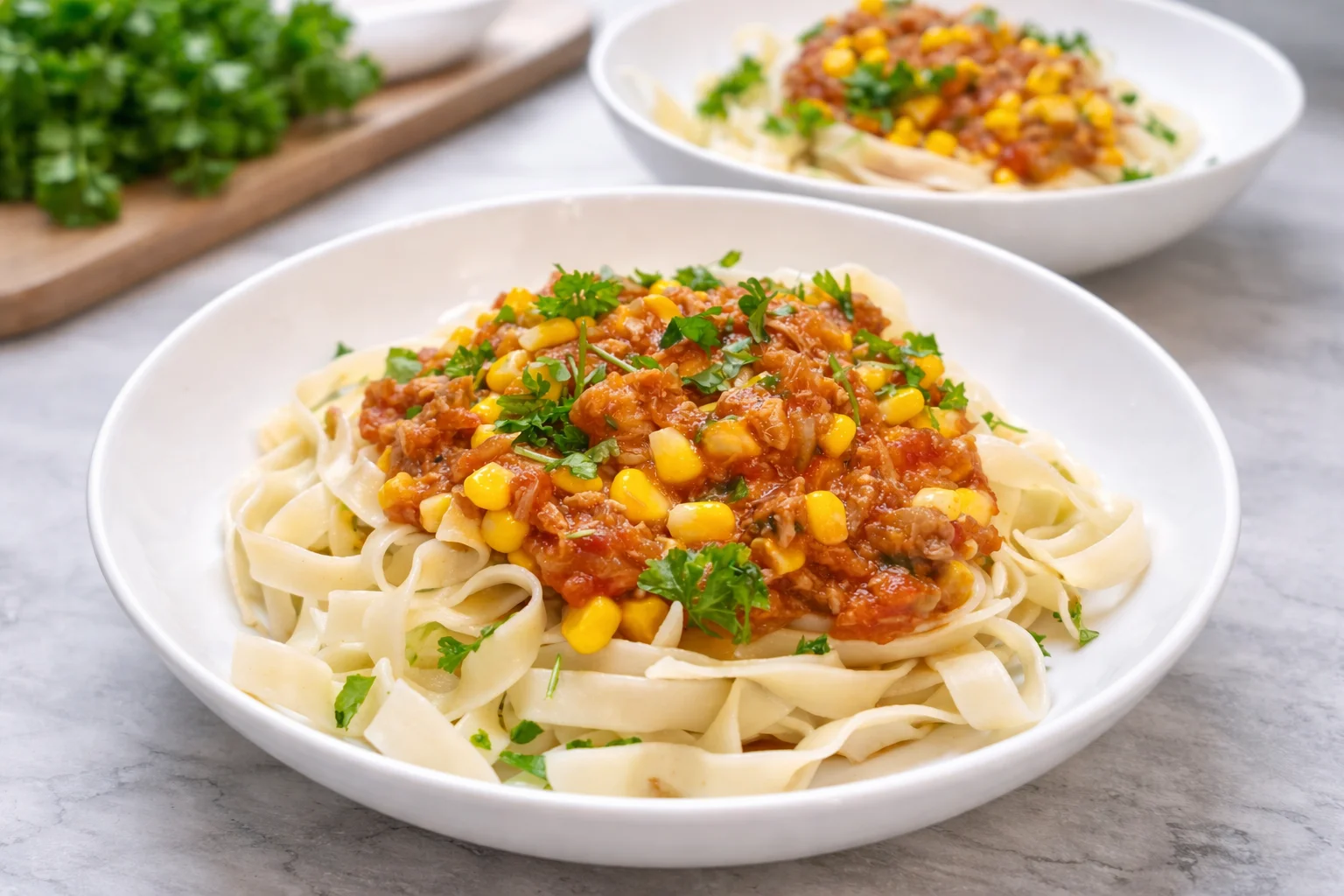 Tomato Tuna Tagliatelle with Sweetcorn and Parsley