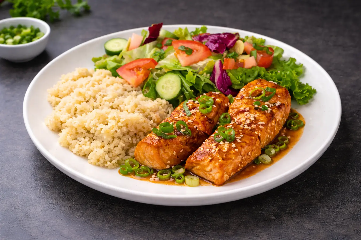 Teriyaki Salmon with Bulgur and Fresh Salad