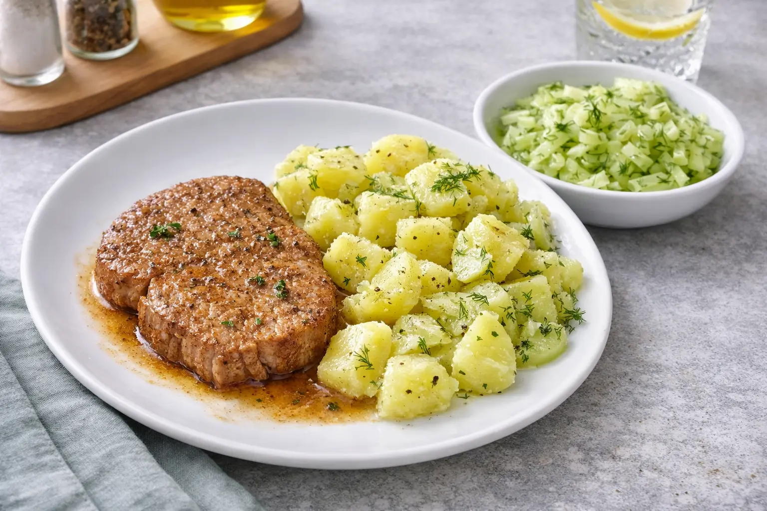 Guinness Pork Loin with Potatoes and Cucumber Salad