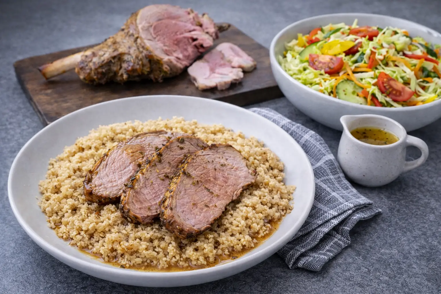 Honey Mustard Roast Lamb with Couscous and Salad