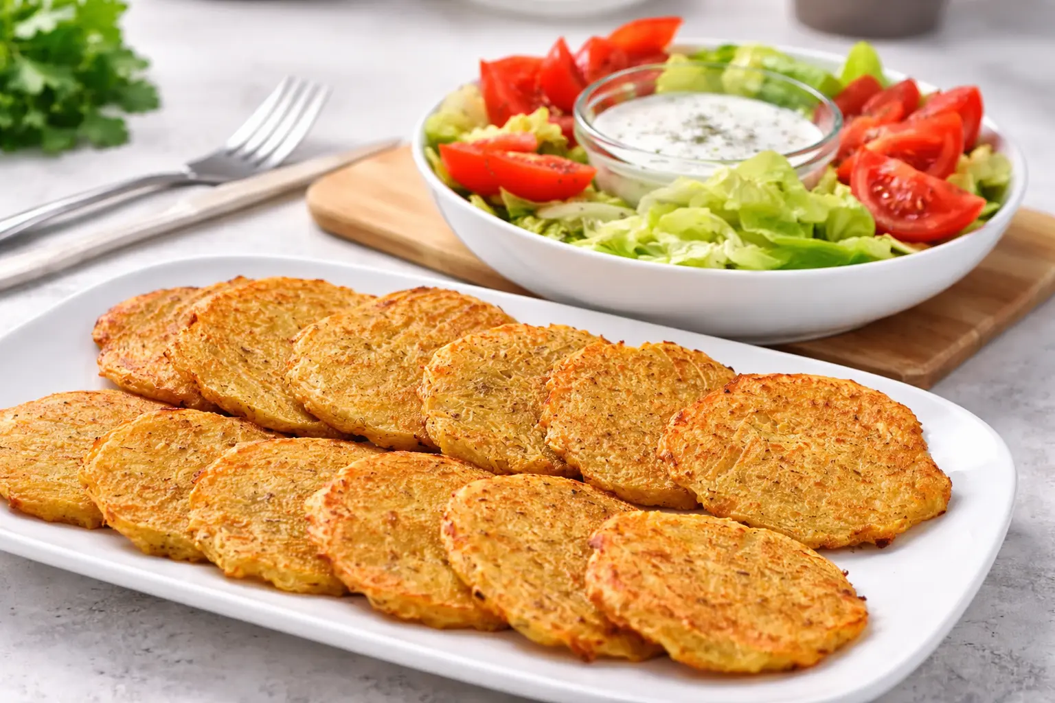 Oven Baked Potato Pancakes with Fresh Salad and Light Dip