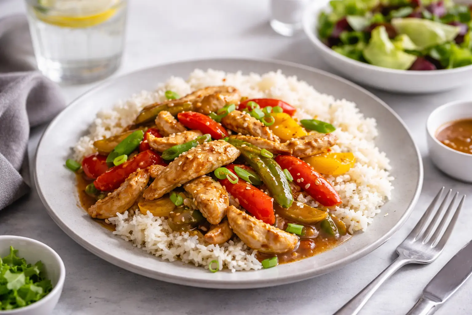 Garlic Chicken Stir Fry with Peppers and Rice