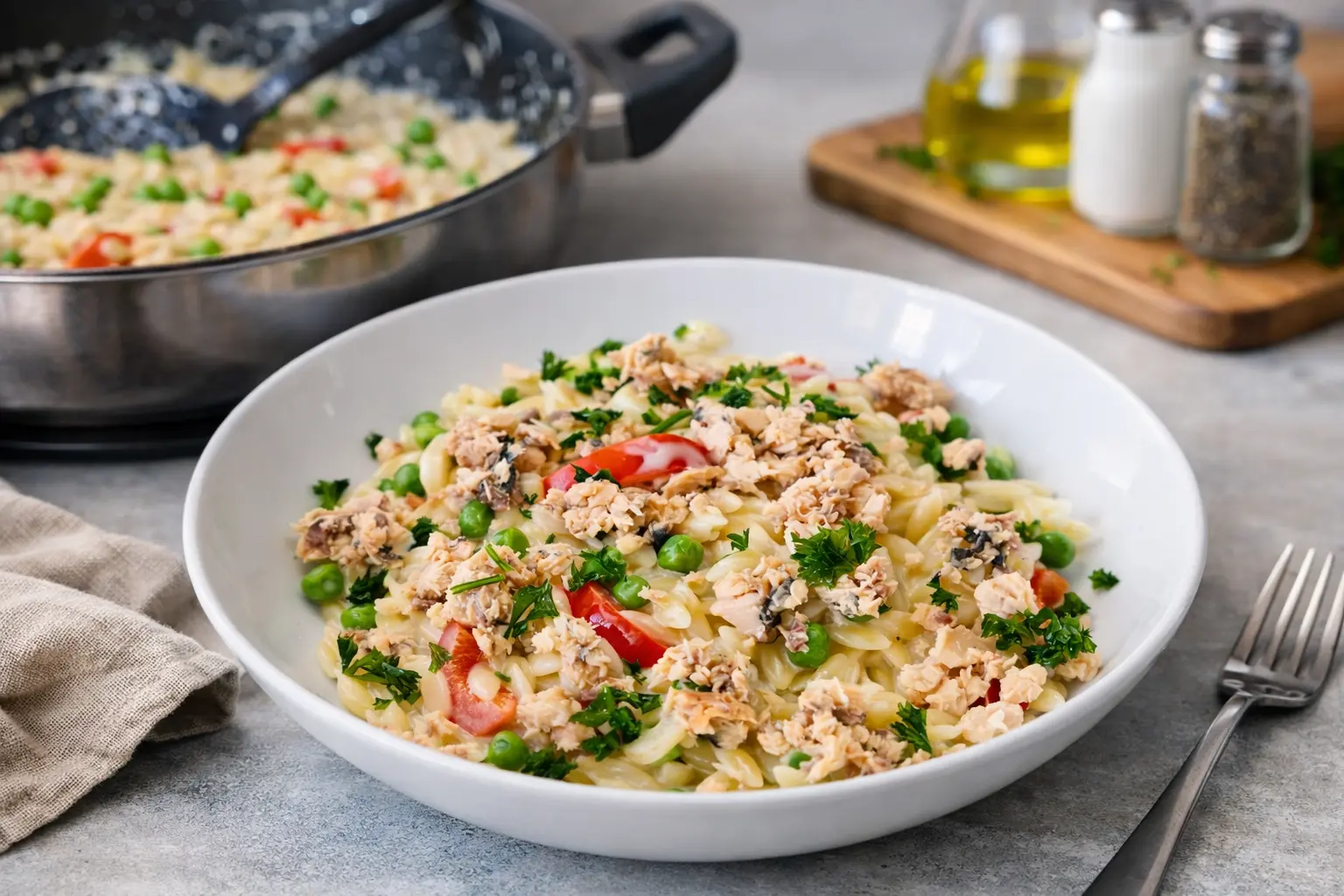 One Pot Creamy Salmon Orzo with Peppers and Peas