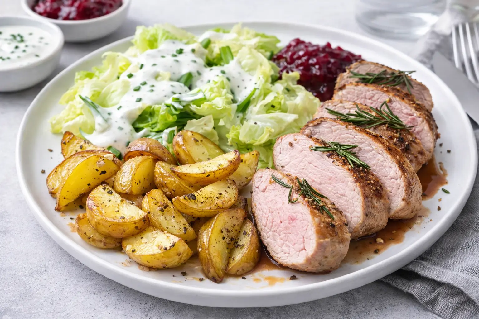 Roasted Pork Tenderloin with Baby Potatoes and Yoghurt Salad