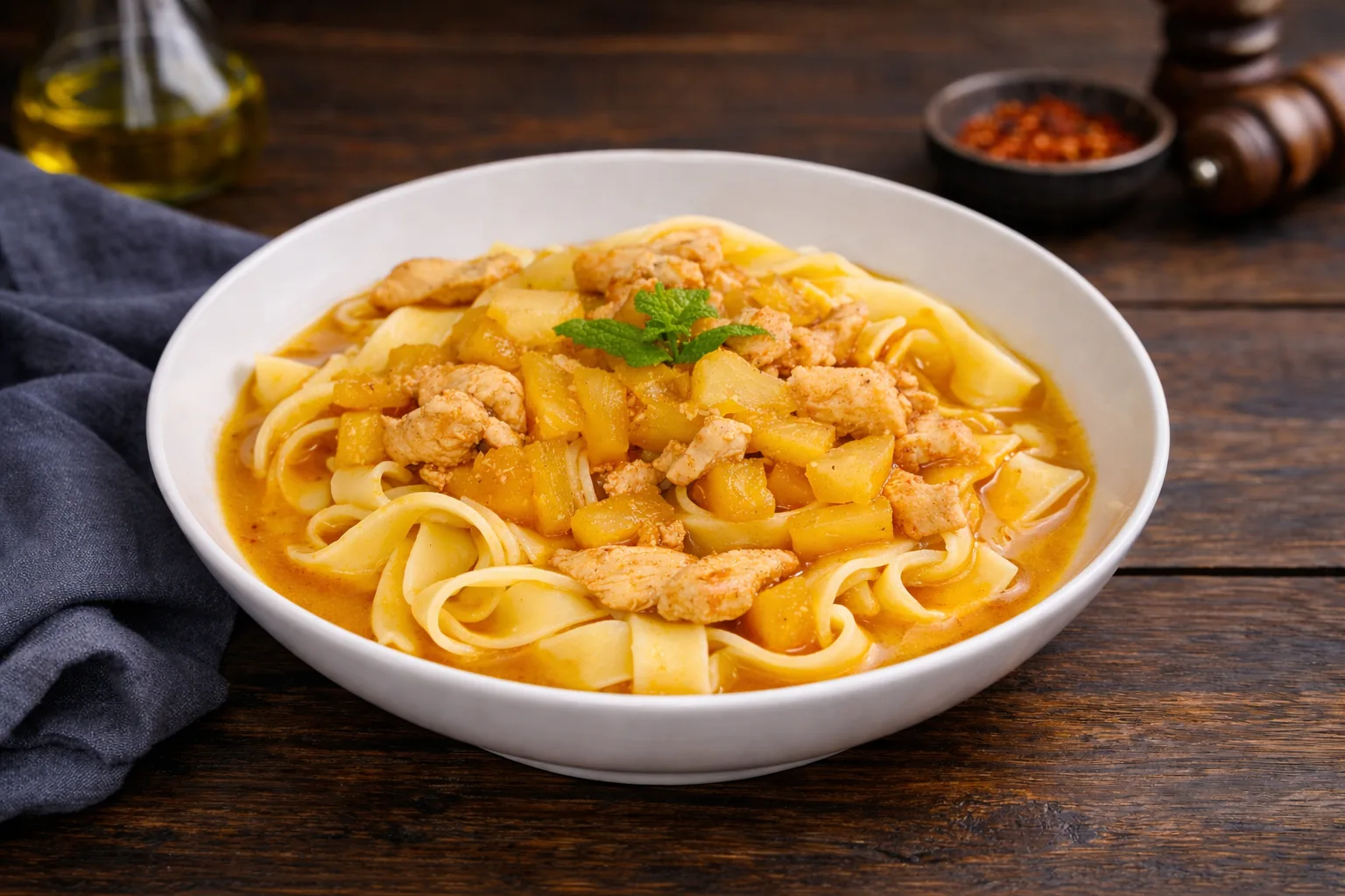 Quick Chicken Curry Pappardelle with Pineapple