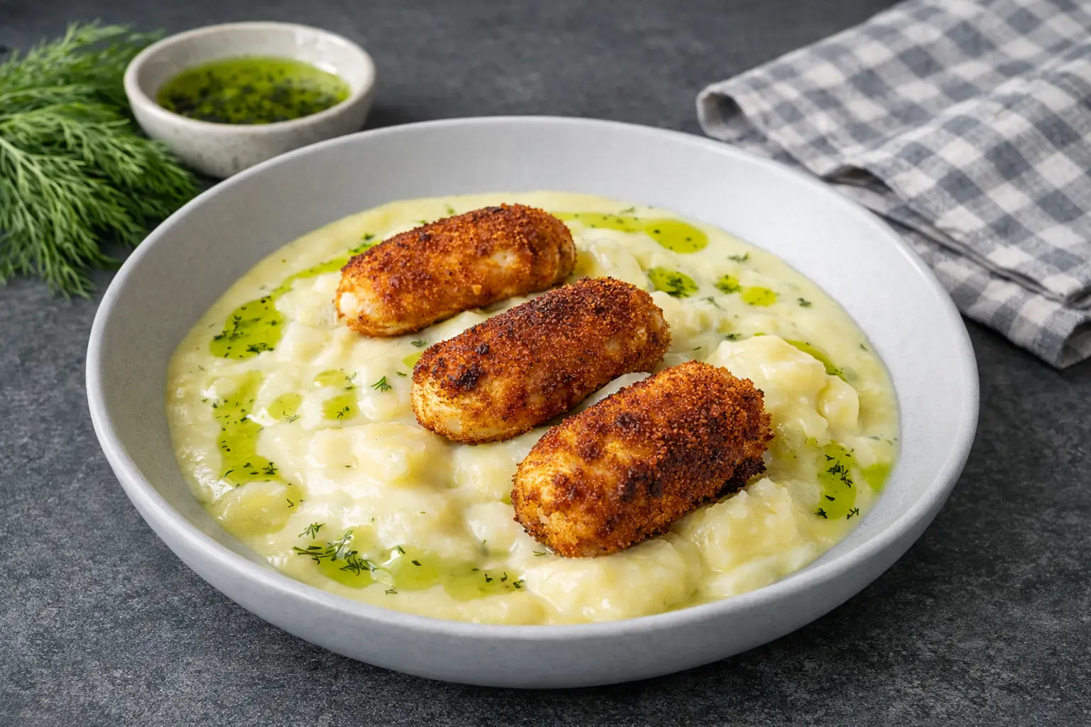 Potato Stew with Tuna Croquettes and Dill Oil