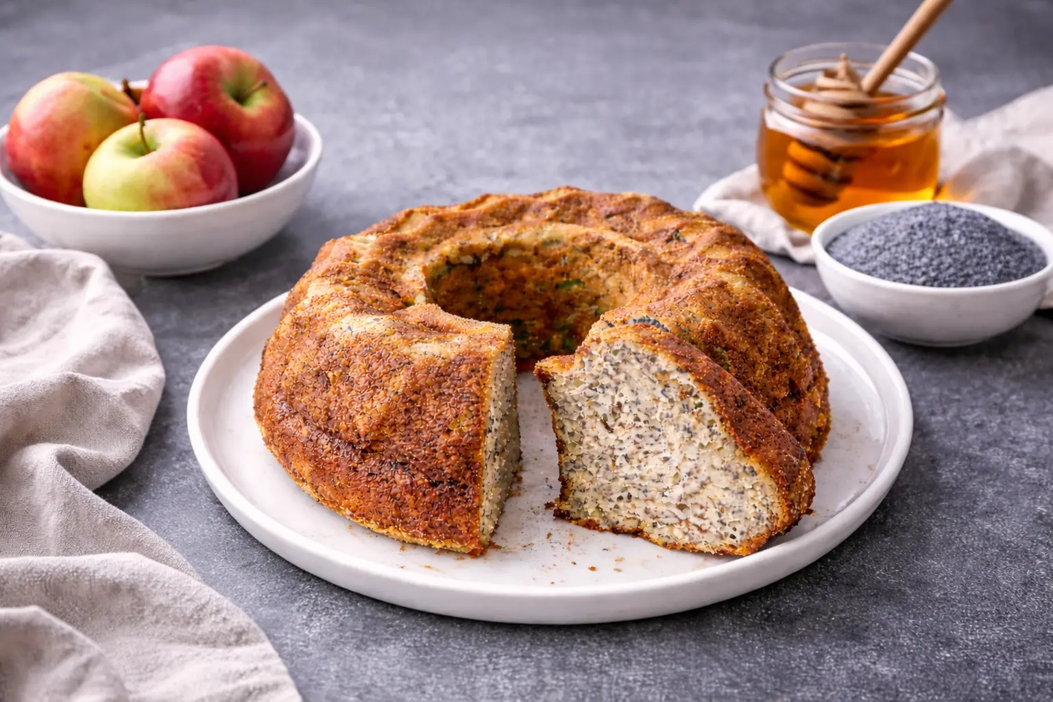 Flourless Poppy Seed Bundt Cake with Apples and Honey