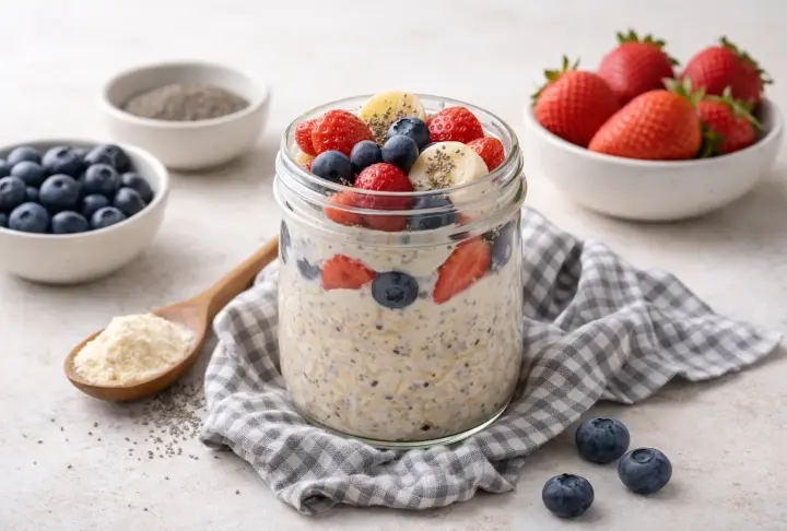 Vanilla Protein Overnight Oats with Banana & Berries