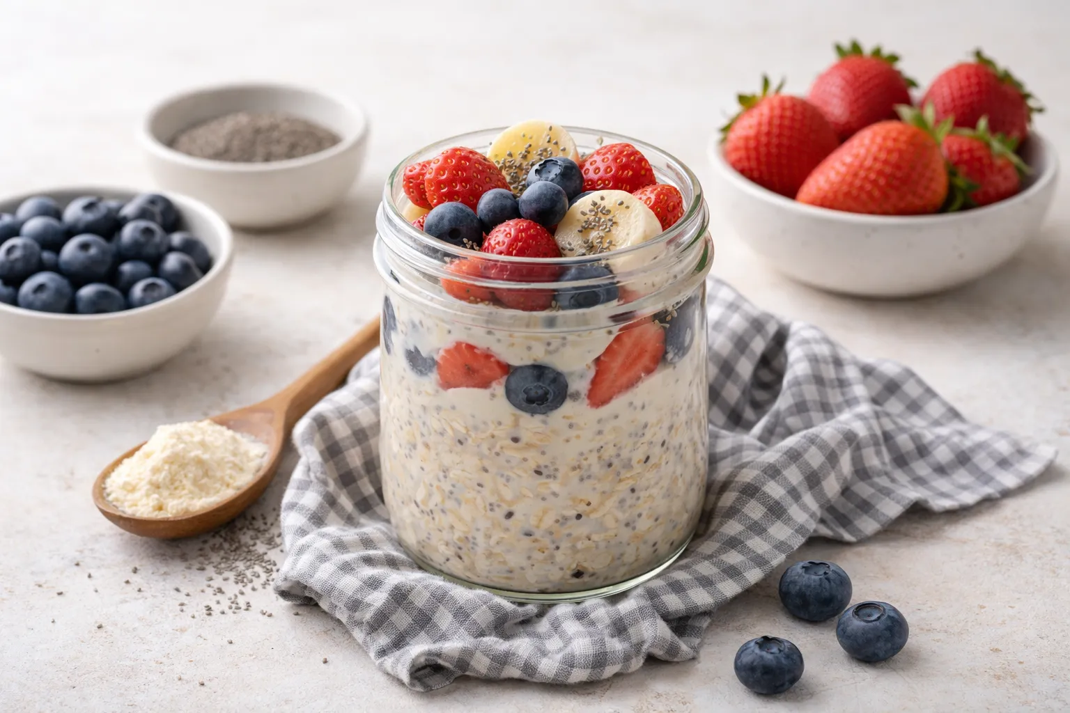 Vanilla Protein Overnight Oats with Banana & Berries