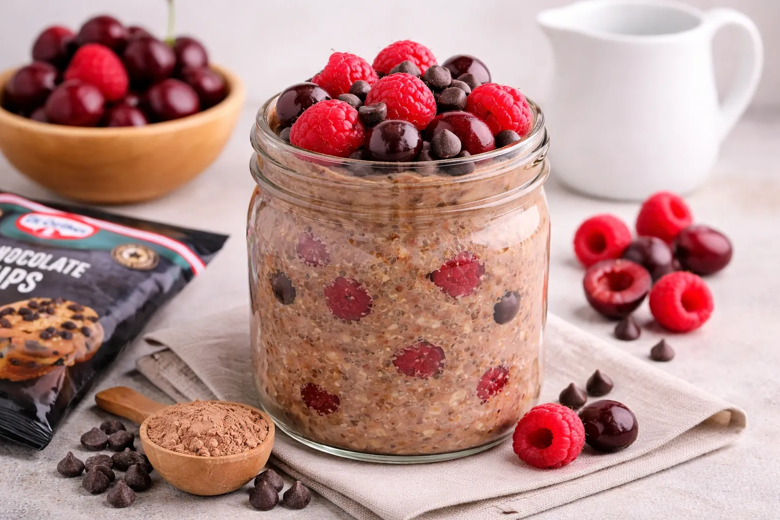Chocolate Protein Overnight Oats with Raspberries and Cherries