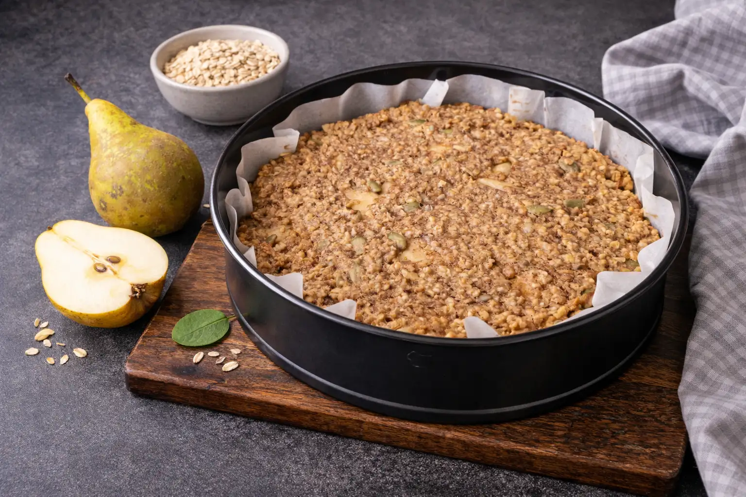 Baked Oats with Pear, Almond Butter and Seeds