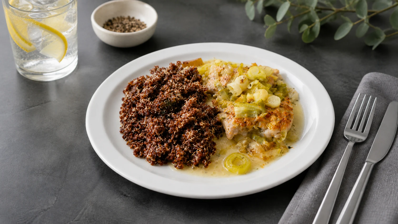 Creamy Chicken Thighs with Leeks and Red Quinoa
