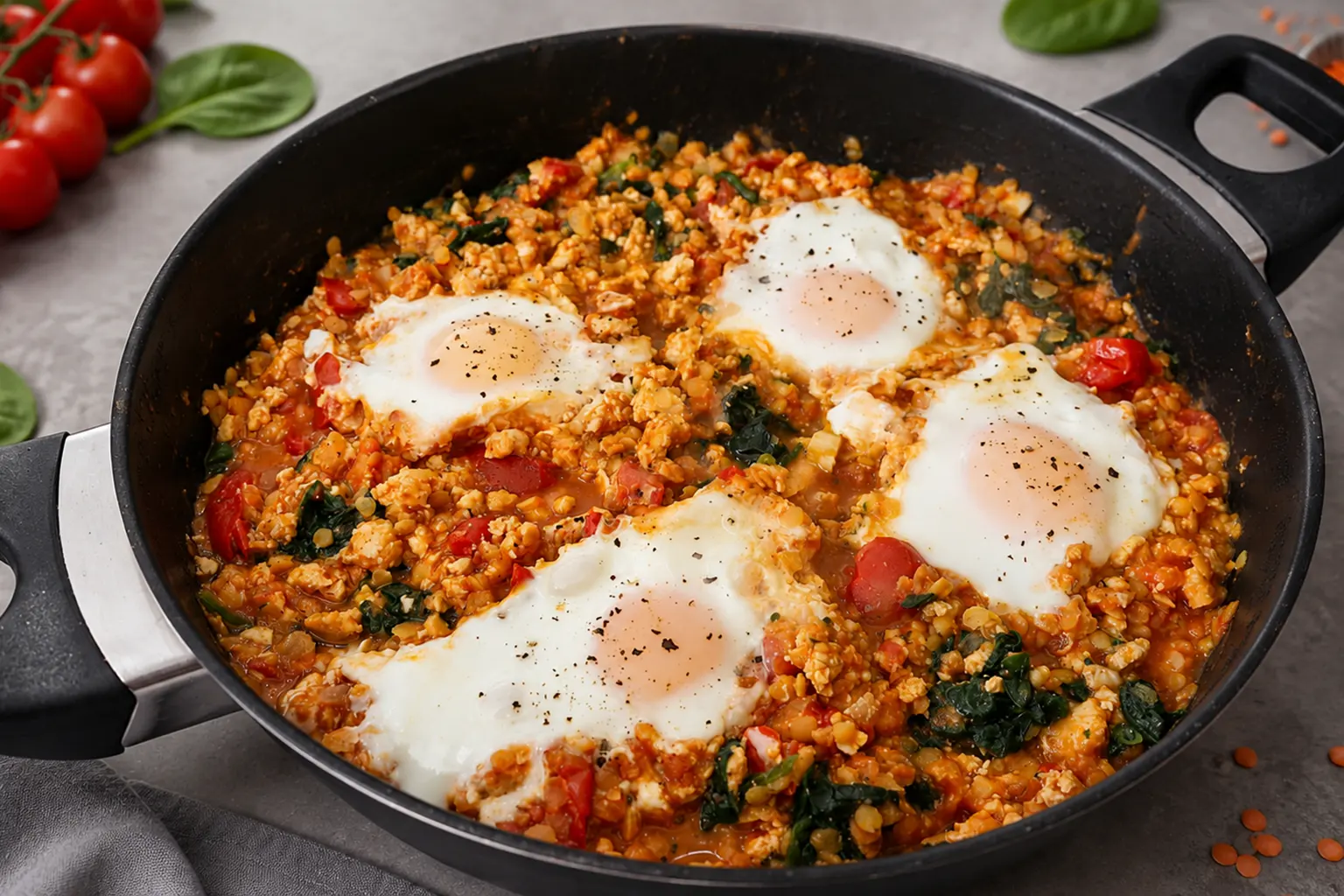 Turkey and Red Lentil Tomato Skillet with Eggs