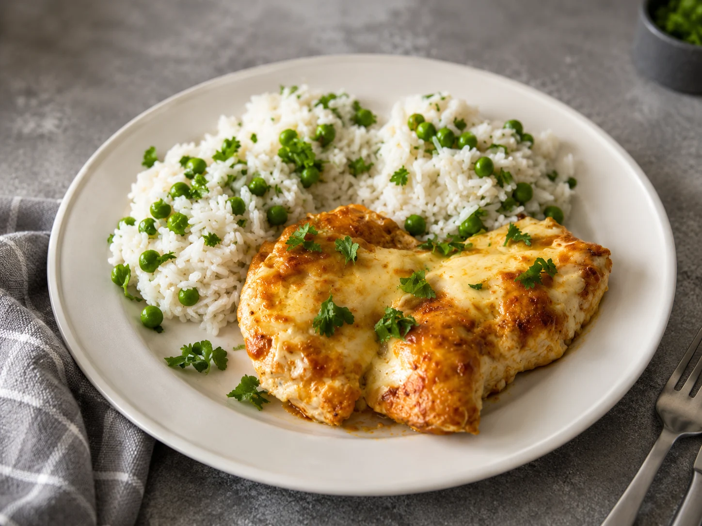 High-protein Baked Chicken with Mozzarella and Pea Rice