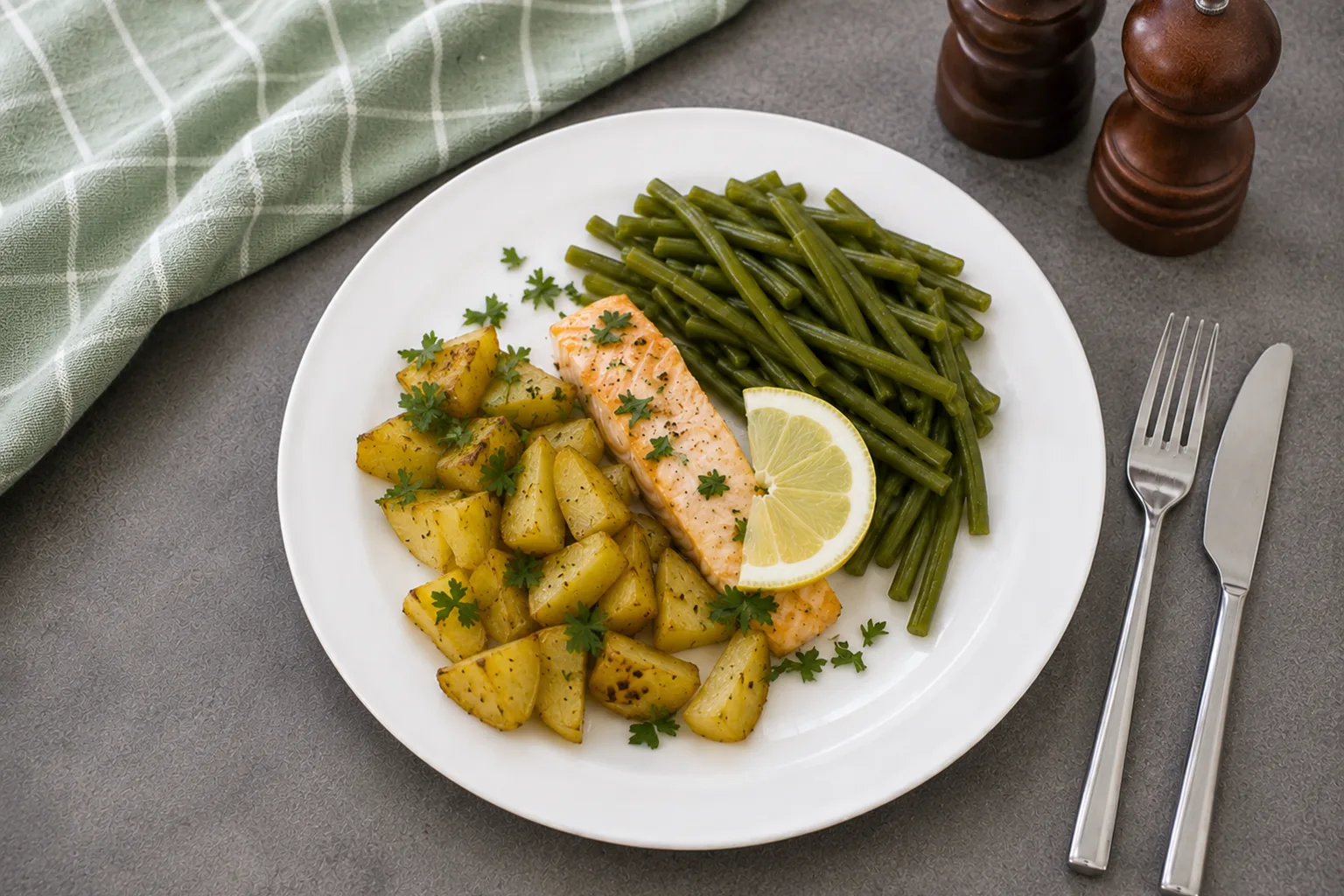 Lemon Mustard Salmon with Baby Potatoes and Green Beans